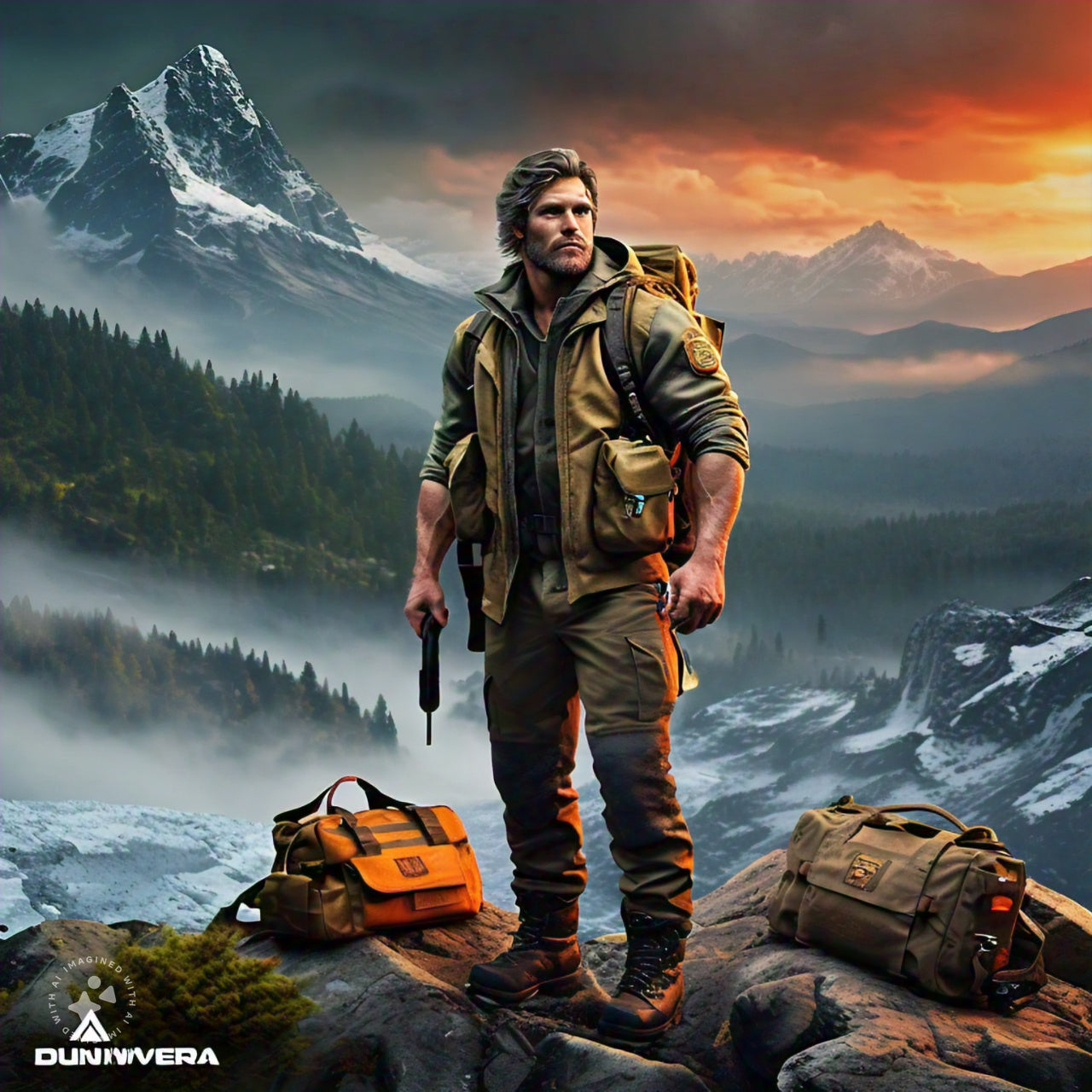 a man loaded with survival gear going on mission 