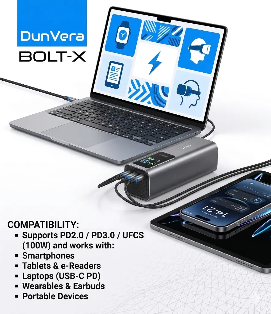 dunvera bolt x power bank charging laptop and iphone at full speed.webp