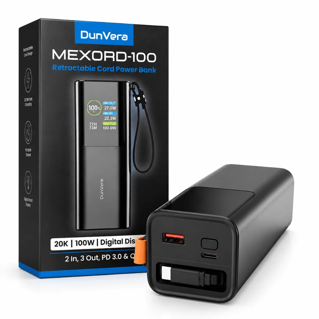 DunVera Mexor 100W power bank with box and ports view.webp