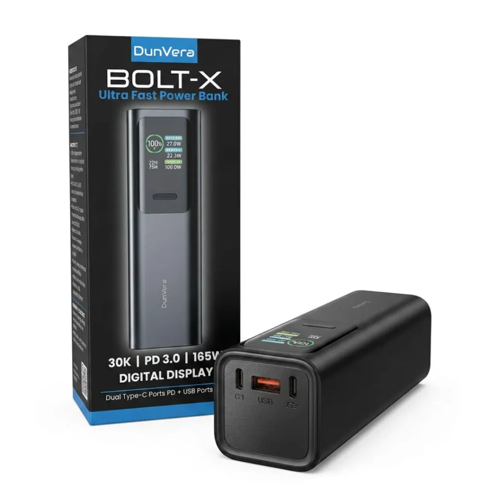 DunVera Bolt X 100w power bank port view with box.webp