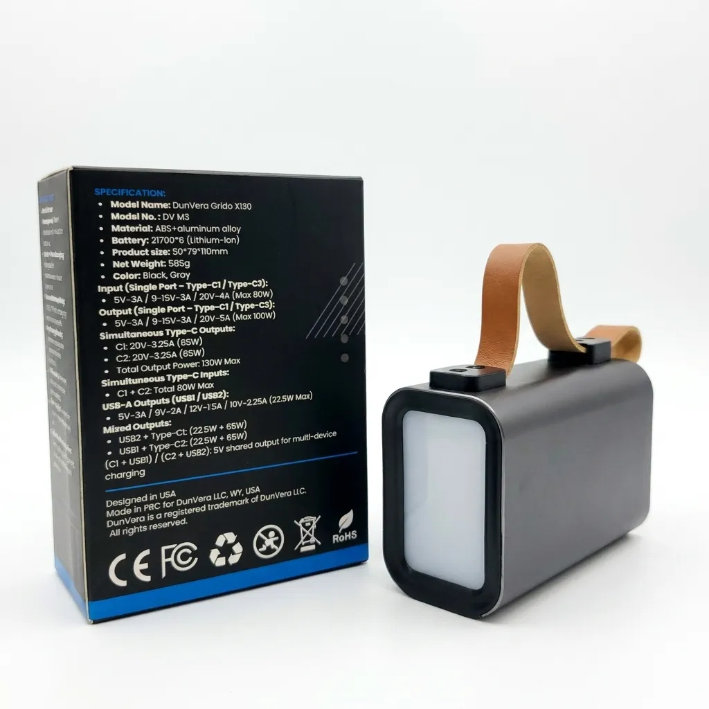 DunVera Grido X130 power bank with box and led light.webp
