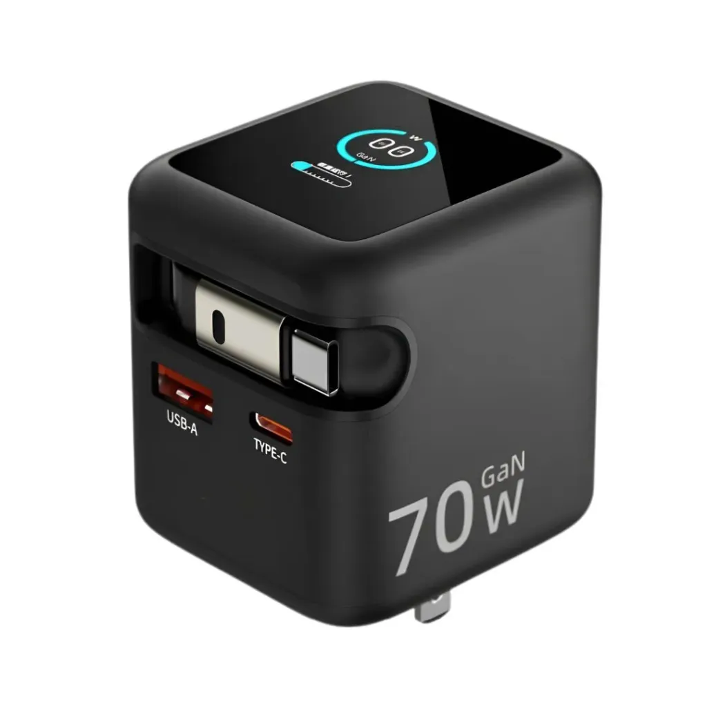 DunVera Mexord GaN 70 Compact Travel Charging Block | Retractable USB-C Cable | TFT Display | 70W GaN Fast Charger | Compatible with MacBook, iPad, Galaxy, Pixel and All USB-C Devices