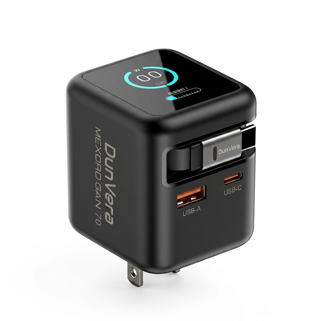 DunVera Mexord GaN 70 Compact Travel Charging Block | Retractable USB-C Cable | TFT Display | 70W GaN Fast Charger | Compatible with MacBook, iPad, Galaxy, Pixel and All USB-C Devices