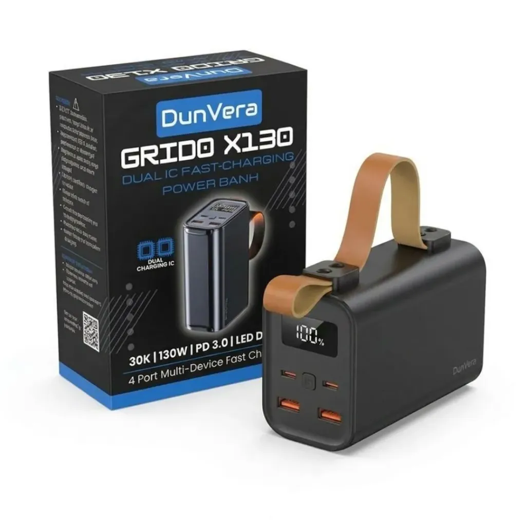 DunVera Grido X130 - 30000mAh, 100W Power Bank with Total 130W Output, PD3.0, Ultra-Fast Charging, 4 Ports, LED Display, Aluminum Alloy Body (Black)
