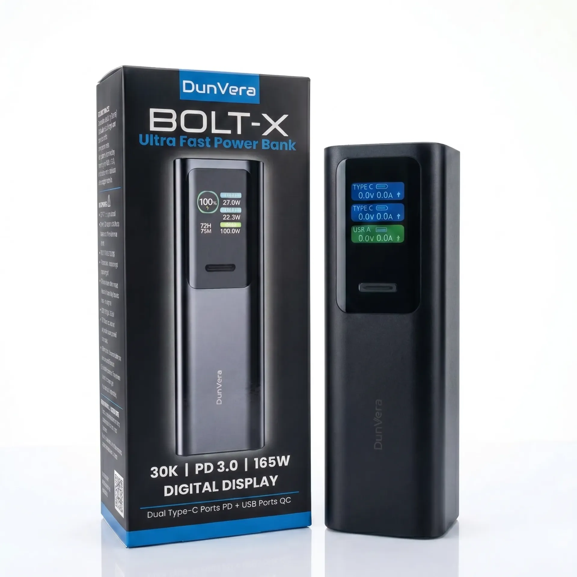 DunVera Bolt X — 100W Power Bank, 30,000mAh, Total Output 165W, Smart Display & LED Light
